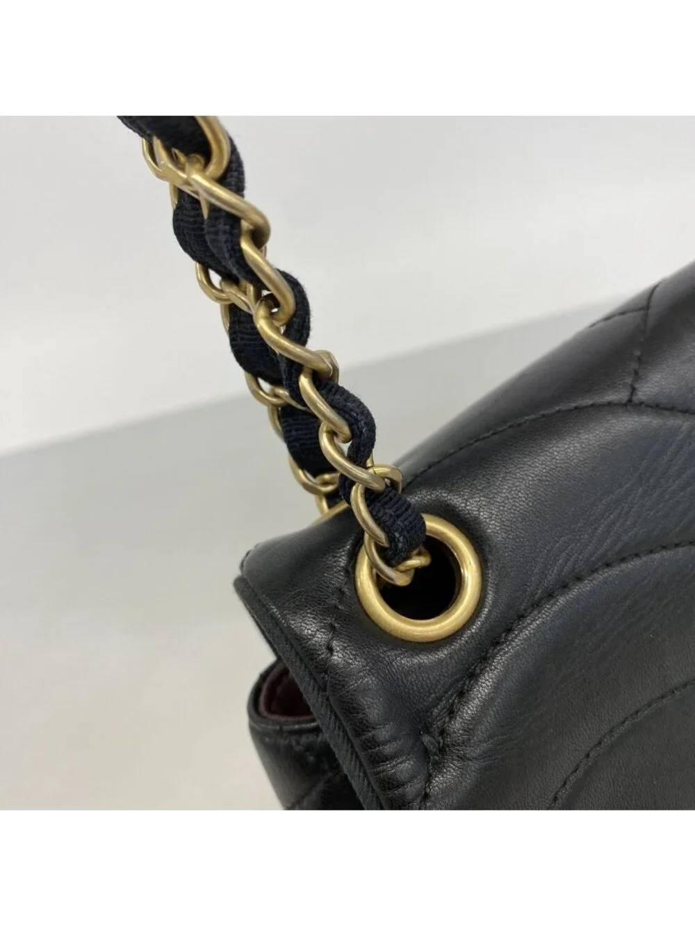 Chanel Shoulder Bag Wave Stitch Lambskin Black Gold
